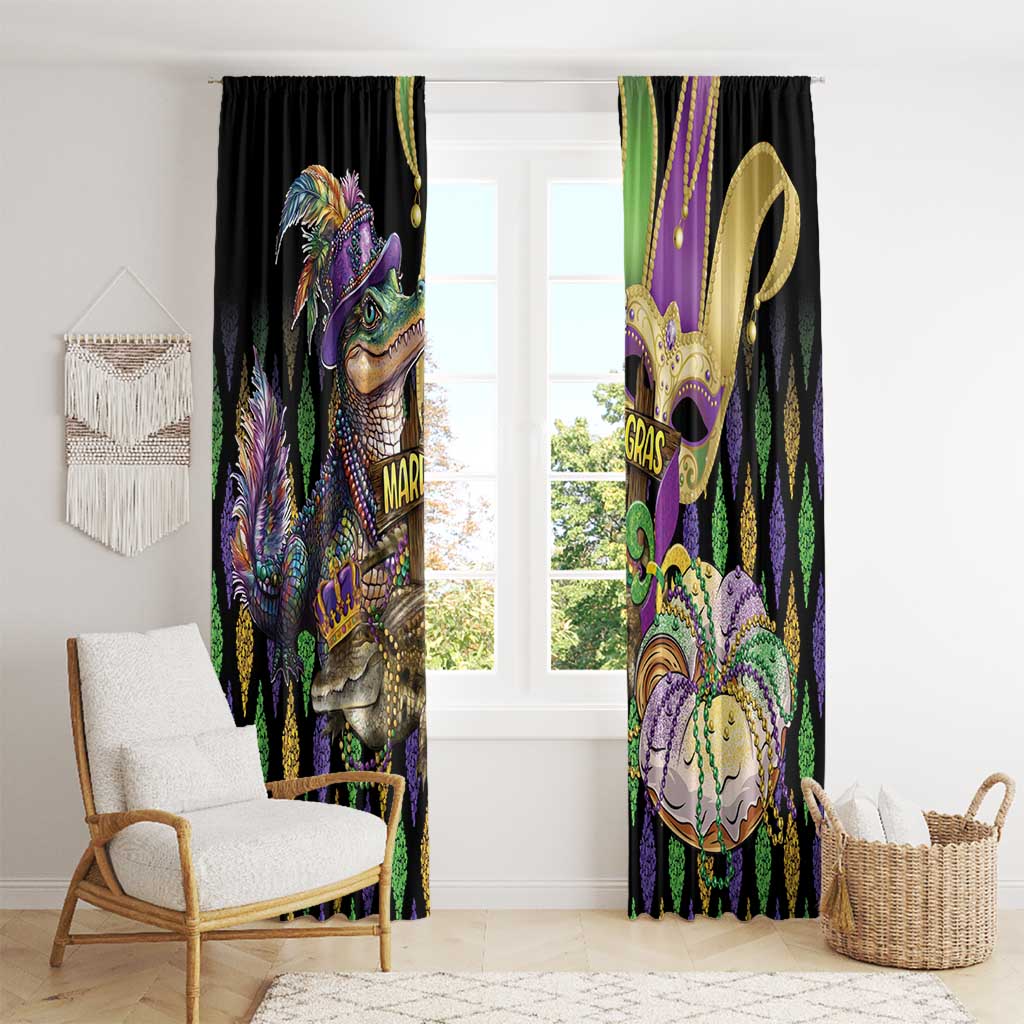 Alligator fleur-de-lis window curtain panels with glitter print, black base with purple, green, gold colors