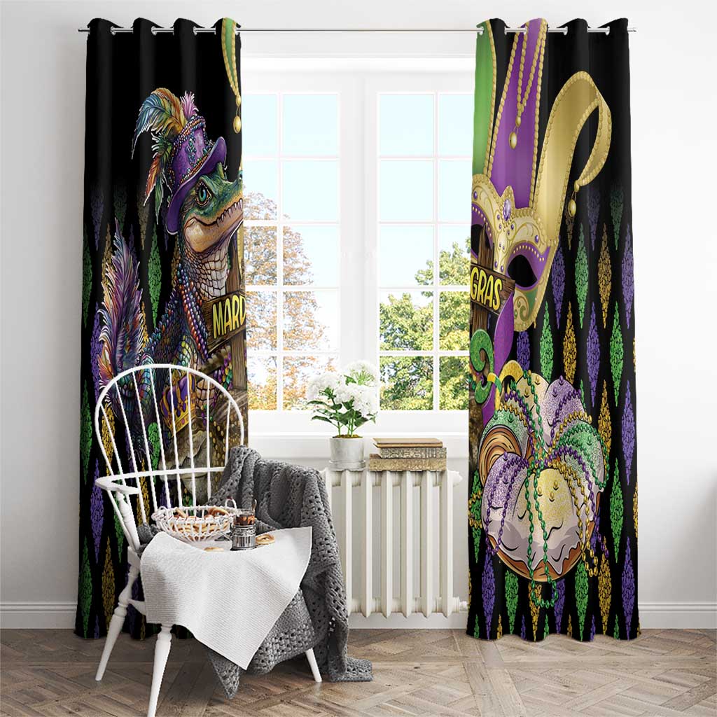 Alligator window curtain panels with fleur-de-lis glitter design, hanging on a top rod with rings
