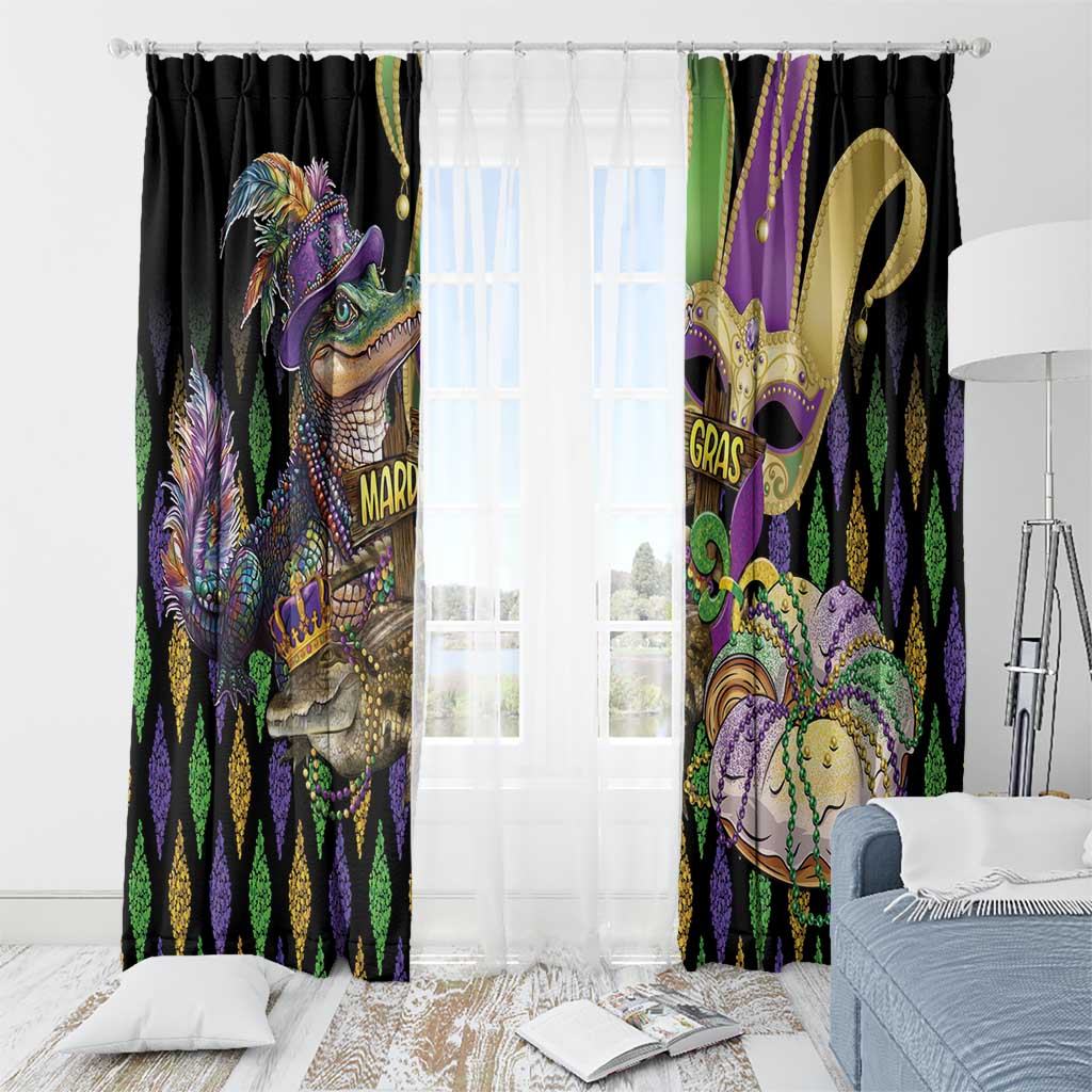 Alligator window curtain panels with fleur-de-lis glitter print, black base with colorful Mardi Gras art