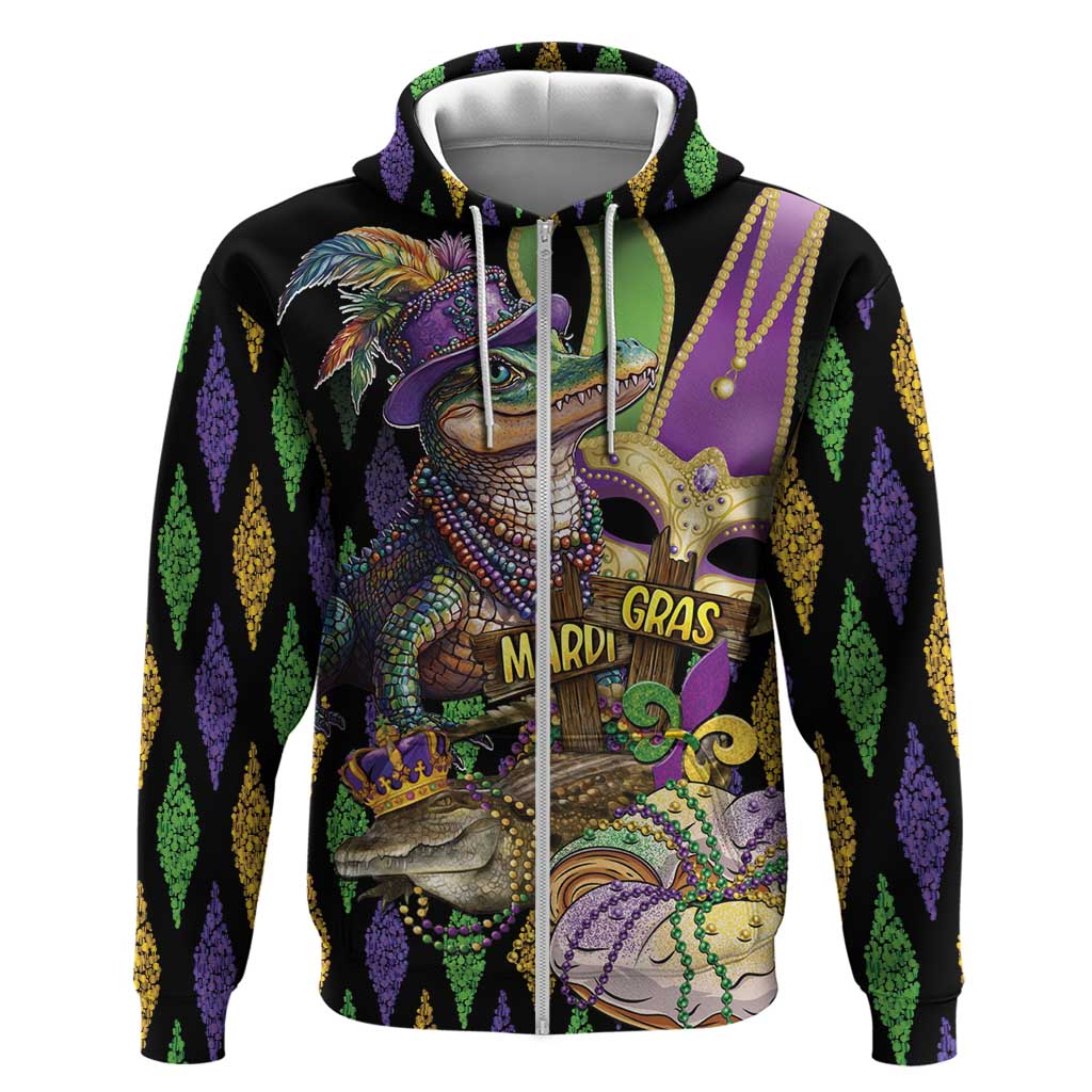 Mardi Gras Alligator Zip Hoodie Fleur De Lis Glitter Style - Wonder Print Shop