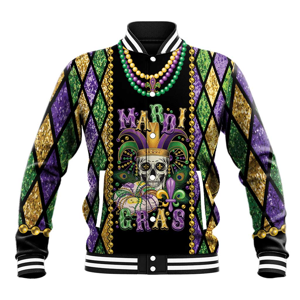 Black baseball jacket with skull Mardi Gras artwork, bead necklace trim and fleur-de-lis