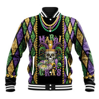 Black baseball jacket with skull Mardi Gras artwork, bead necklace trim and fleur-de-lis