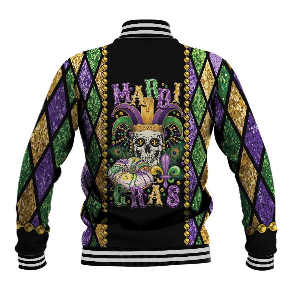 Black baseball jacket back with skull Mardi Gras graphic, bead trim and diamond-pattern sleeves