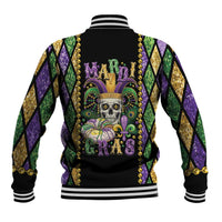 Black baseball jacket back with skull Mardi Gras graphic, bead trim and diamond-pattern sleeves