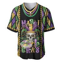 Black Mardi Gras skull baseball jersey with bead trim and "Mardi Gras" graphic