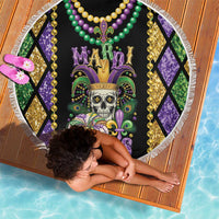 Round beach blanket with Mardi Gras skull, purple fleur-de-lis crown, colorful bead trim