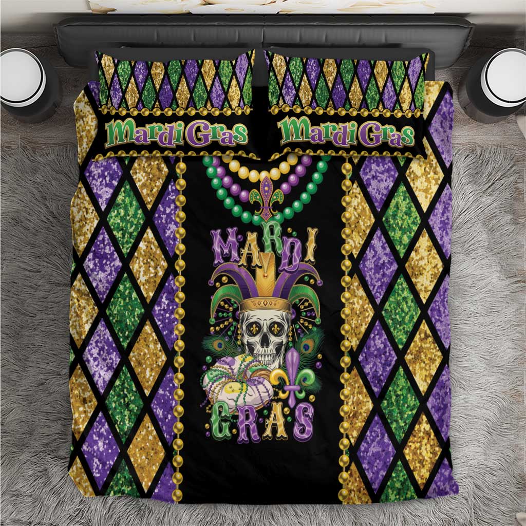 Mardi Gras skull bedding set, black with green/teal bead garlands and purple/gold diamonds