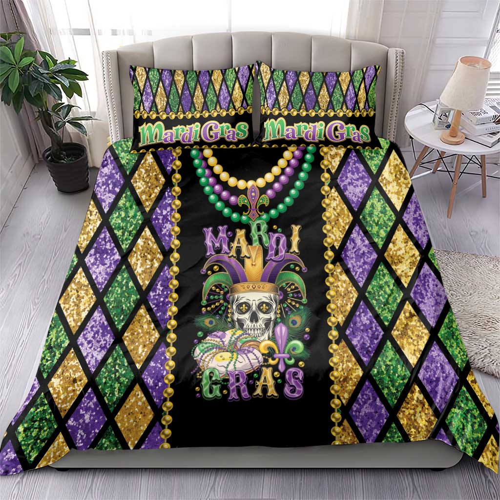 Mardi Gras skull bedding set on black, green/teal bead necklace, purple and gold diamond pattern