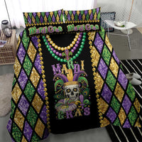 Black bedding duvet with Mardi Gras skull artwork, purple/gold diamonds and bead necklace