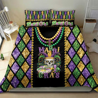 Mardi Gras skull bedding set, black with fleur-de-lis bead accents, purple/gold diamond borders