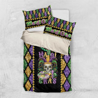 Mardi Gras skull bedding set with pillowcases, black center with beads, purple and gold diamonds