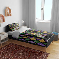 Black duvet with Mardi Gras skull and bead garlands, purple and gold diamond trim