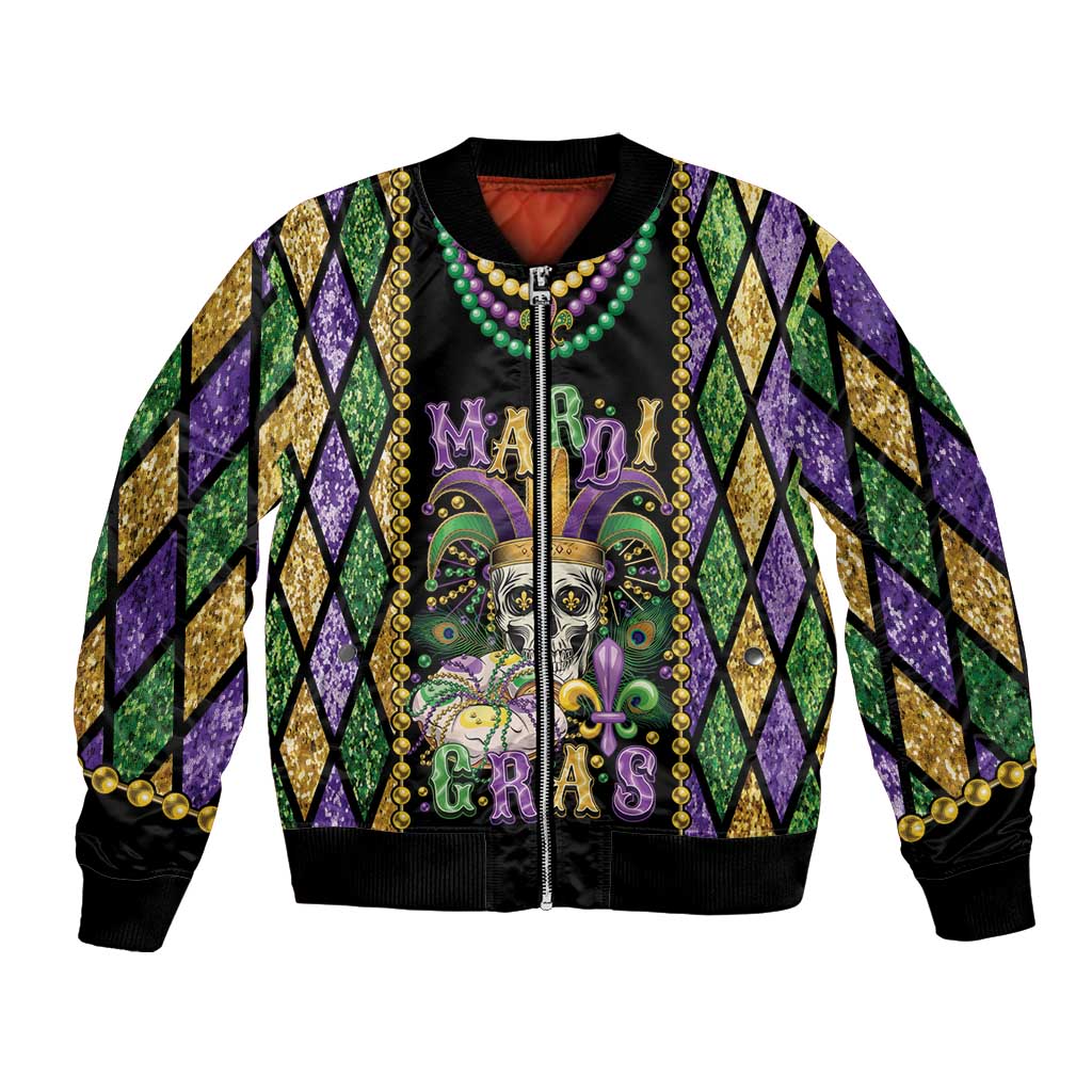 Colorful Mardi Gras skull bomber jacket with diamond pattern, bead trim, ribbed collar