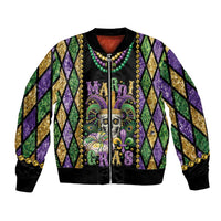 Colorful Mardi Gras skull bomber jacket with diamond pattern, bead trim, ribbed collar