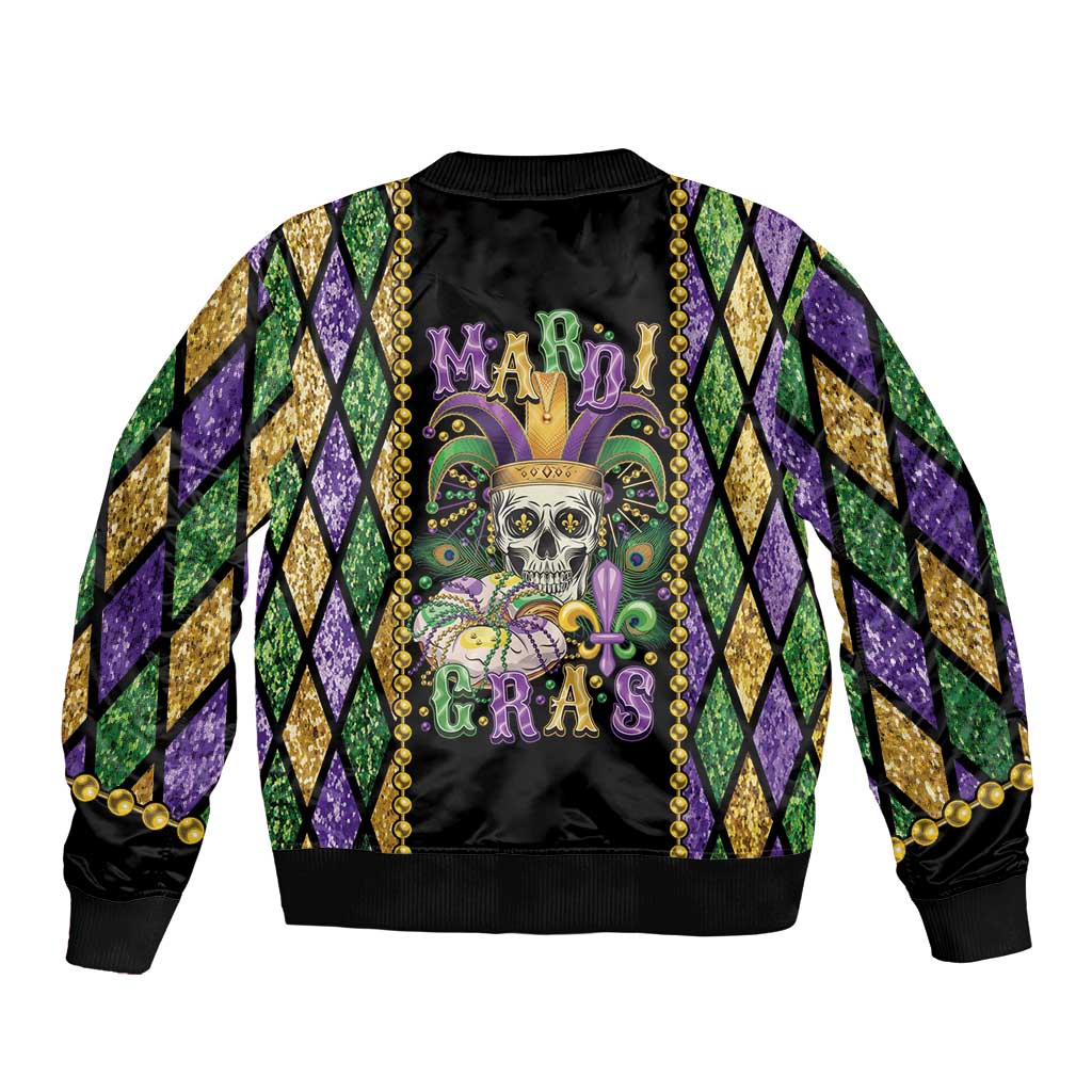 Colorful skull bomber jacket with Mardi Gras graphic, bead fringe, black ribbed hem and cuffs