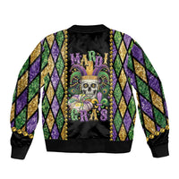 Colorful skull bomber jacket with Mardi Gras graphic, bead fringe, black ribbed hem and cuffs