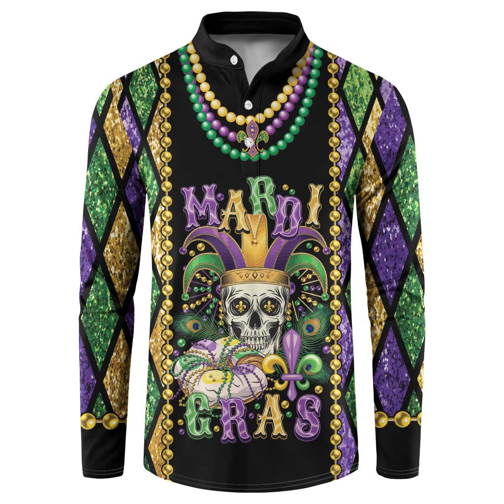Black long-sleeve button sweatshirt with skull Mardi Gras graphic and colorful bead trim