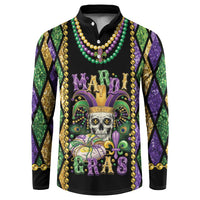 Black long-sleeve button sweatshirt with skull Mardi Gras graphic and colorful bead trim