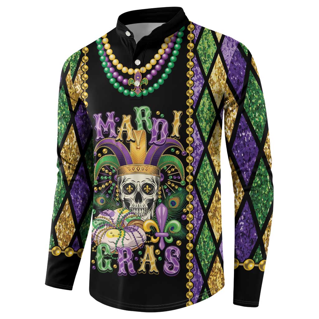 Black long-sleeve button sweatshirt with purple/green Mardi Gras skull print and bead necklace