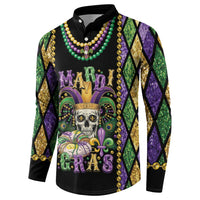 Black long-sleeve button sweatshirt with purple/green Mardi Gras skull print and bead necklace