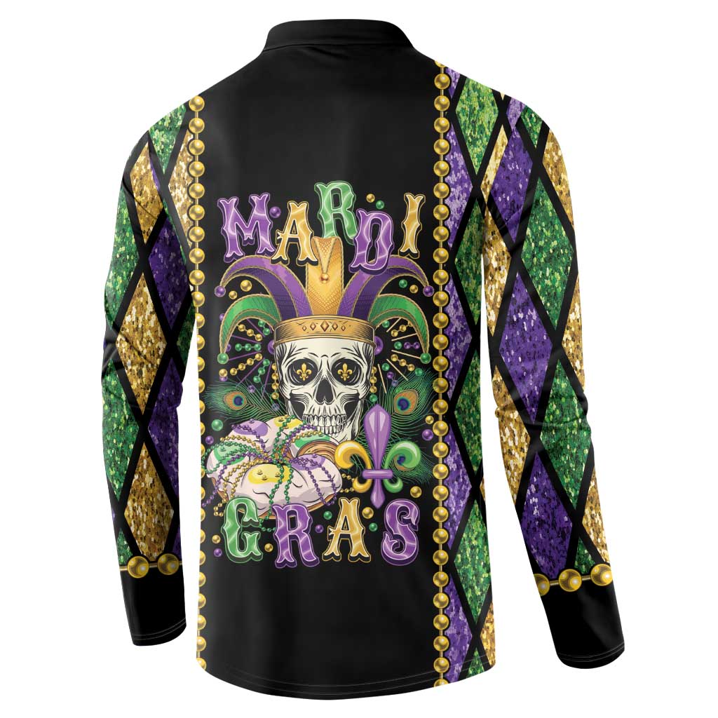 Black long-sleeve button sweatshirt with Mardi Gras skull, fleur-de-lis, and bead trim on back