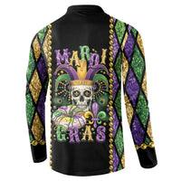 Black long-sleeve button sweatshirt with Mardi Gras skull, fleur-de-lis, and bead trim on back