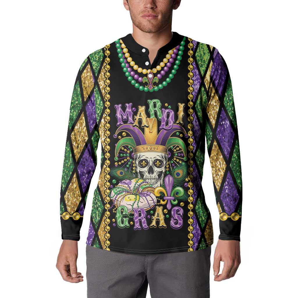 Black Mardi Gras skull button sweatshirt with colorful bead collar graphic, worn by model