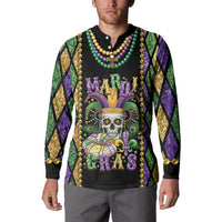 Black Mardi Gras skull button sweatshirt with colorful bead collar graphic, worn by model