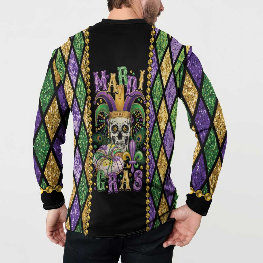 Black Mardi Gras skull button sweatshirt with back bead trim and fleur-de-lis design, worn