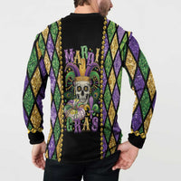 Black Mardi Gras skull button sweatshirt with back bead trim and fleur-de-lis design, worn
