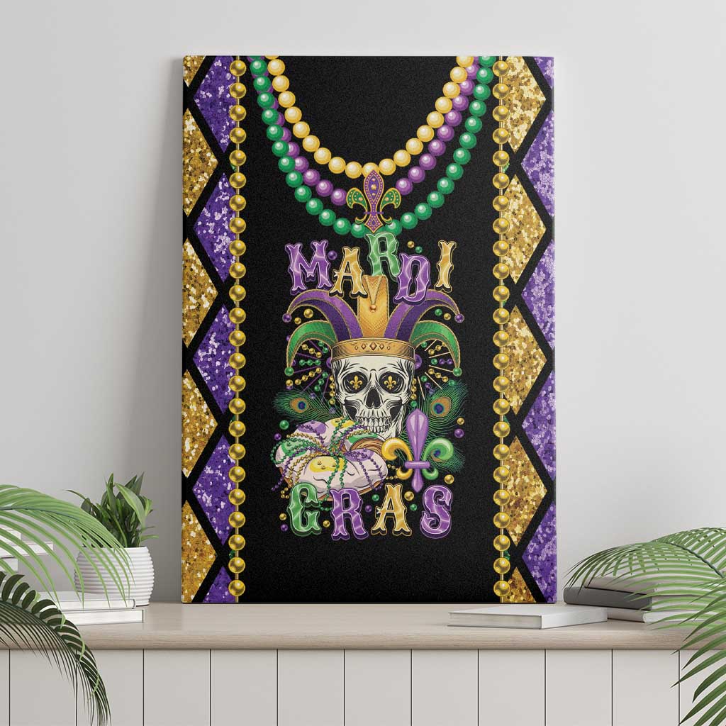 Mardi Gras skull canvas wall art with pearl bead necklace and purple-gold border