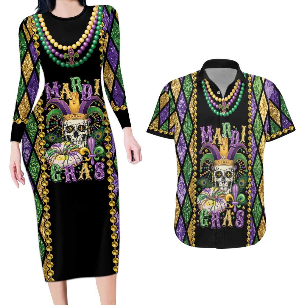 Mardi Gras Skull Couples Matching Long Sleeve Bodycon Dress and Hawaiian Shirt Beads Fleur De Lis