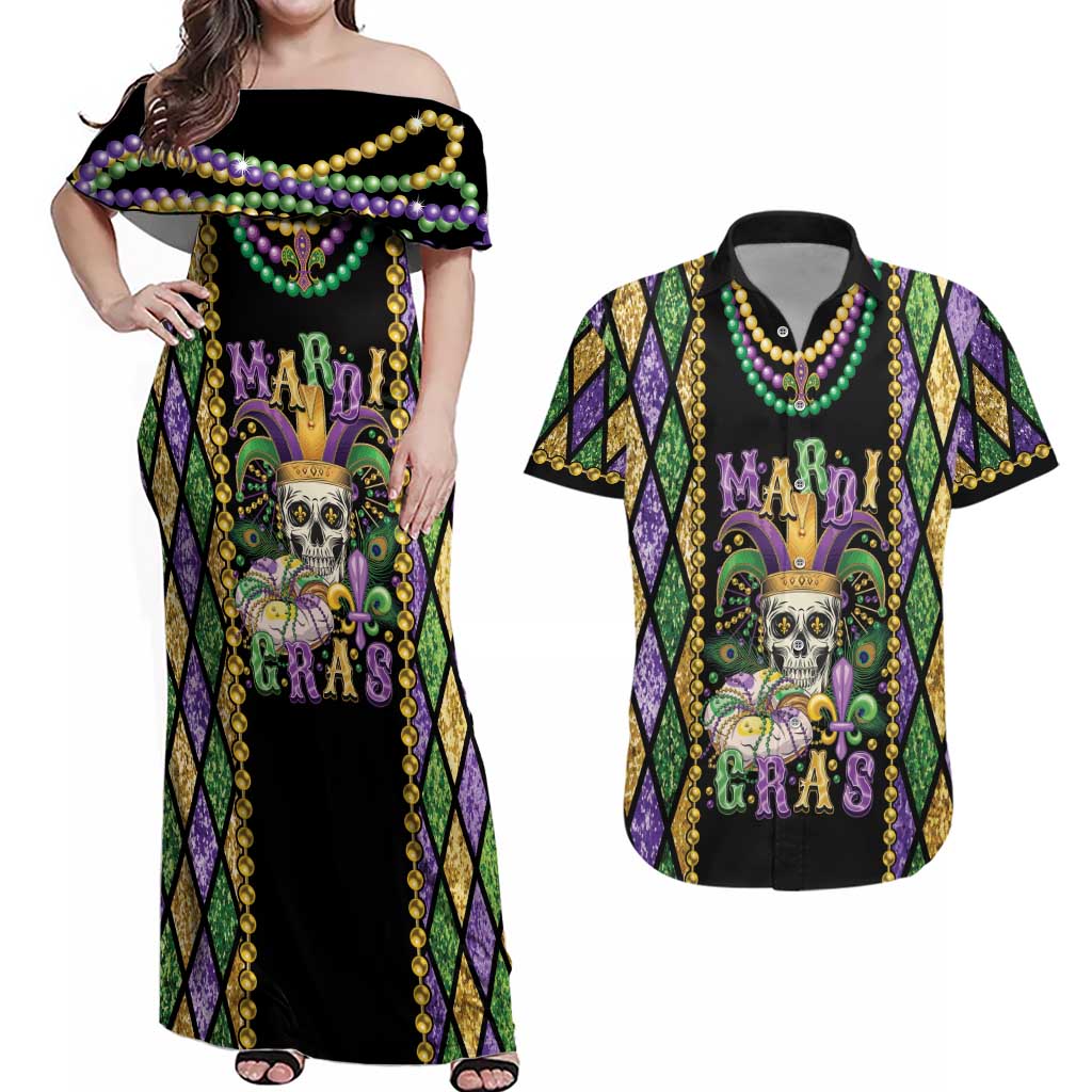 Mardi Gras Skull Couples Matching Off Shoulder Maxi Dress and Hawaiian Shirt Beads Fleur De Lis