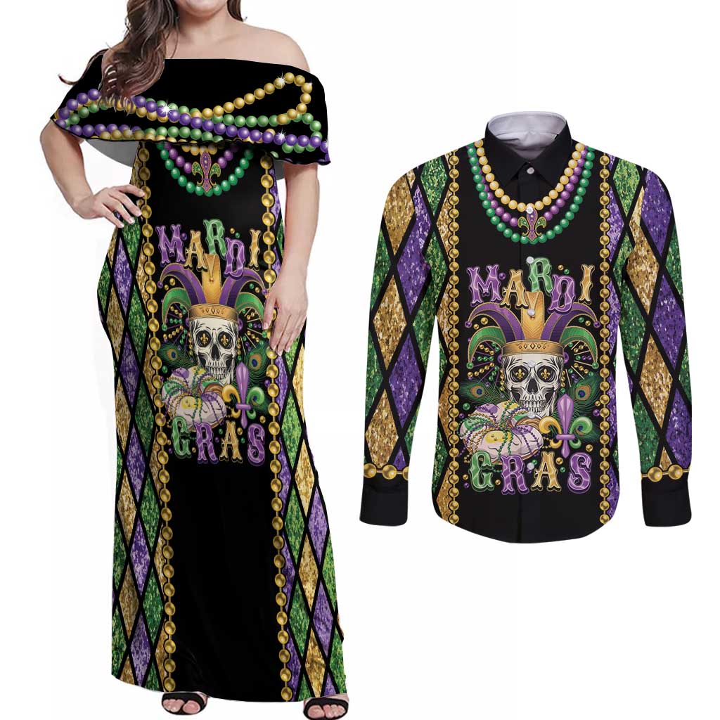 Mardi Gras Skull Couples Matching Off Shoulder Maxi Dress and Long Sleeve Button Shirt Beads Fleur De Lis