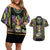 Mardi Gras Skull Couples Matching Off Shoulder Short Dress and Hawaiian Shirt Beads Fleur De Lis