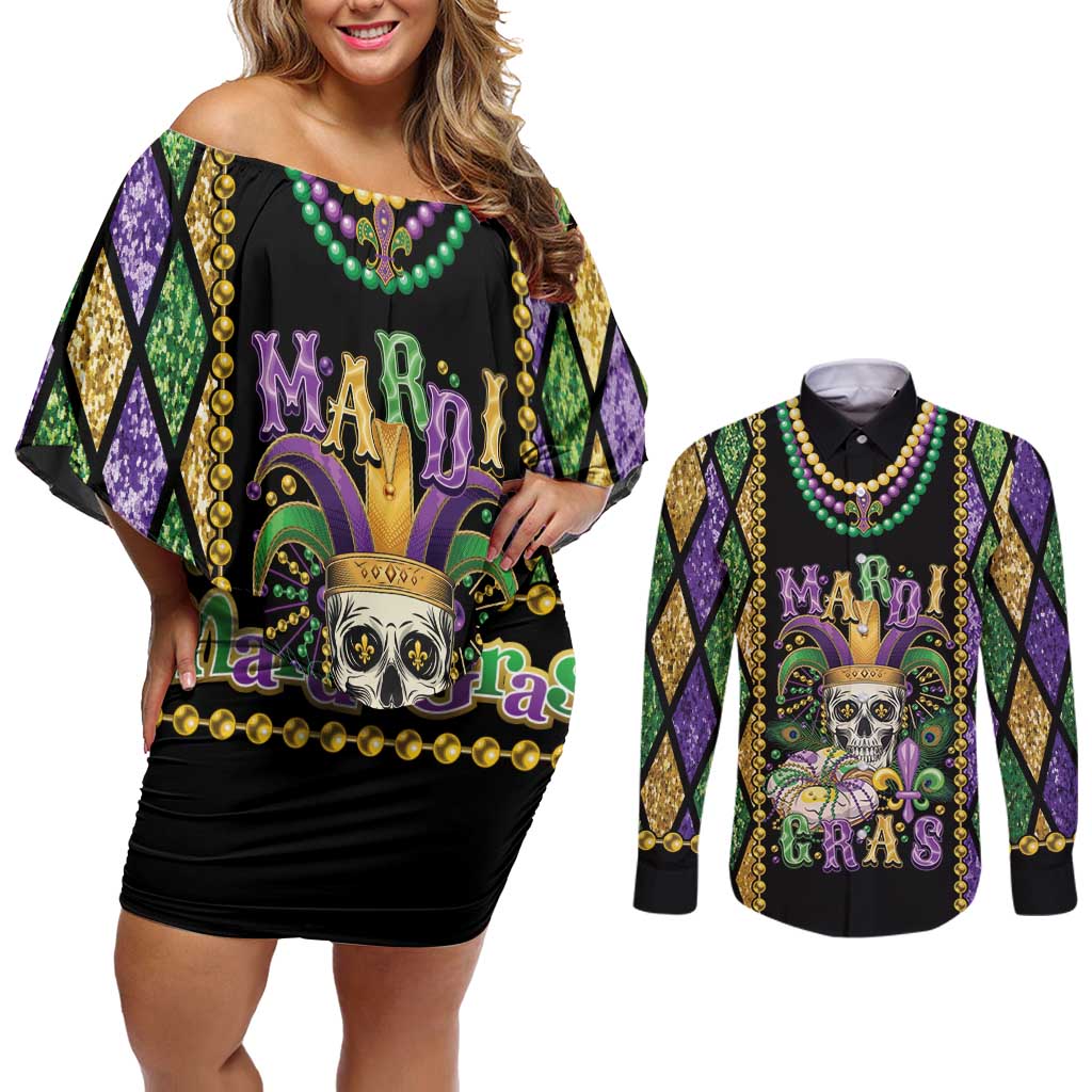 Mardi Gras Skull Couples Matching Off Shoulder Short Dress and Long Sleeve Button Shirt Beads Fleur De Lis