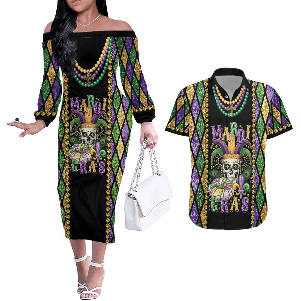 Mardi Gras Skull Couples Matching Off The Shoulder Long Sleeve Dress and Hawaiian Shirt Beads Fleur De Lis