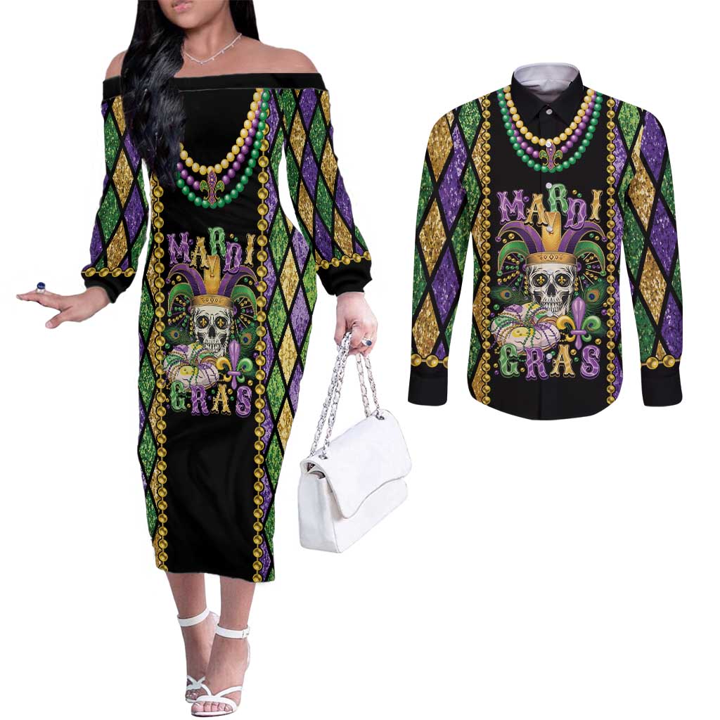 Mardi Gras Skull Couples Matching Off The Shoulder Long Sleeve Dress and Long Sleeve Button Shirt Beads Fleur De Lis