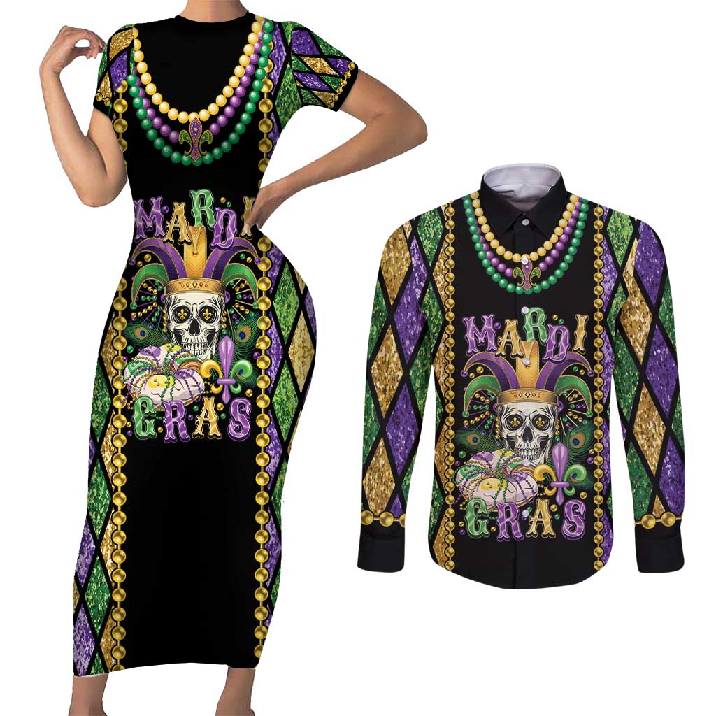 Mardi Gras Skull Couples Matching Short Sleeve Bodycon Dress and Long Sleeve Button Shirt Beads Fleur De Lis