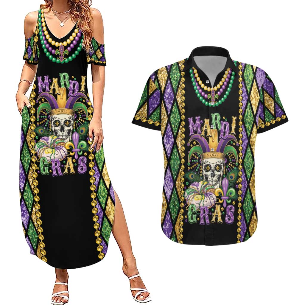 Mardi Gras Skull Couples Matching Summer Maxi Dress and Hawaiian Shirt Beads Fleur De Lis