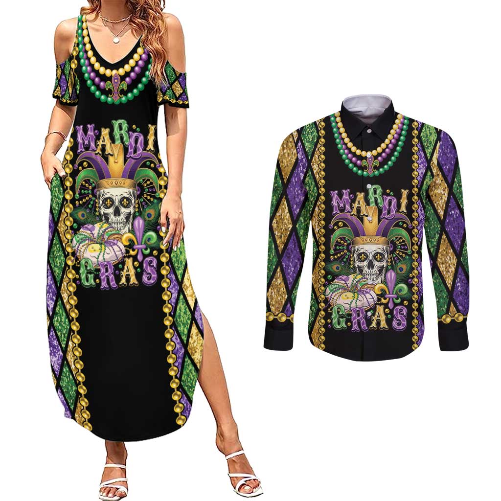 Mardi Gras Skull Couples Matching Summer Maxi Dress and Long Sleeve Button Shirt Beads Fleur De Lis