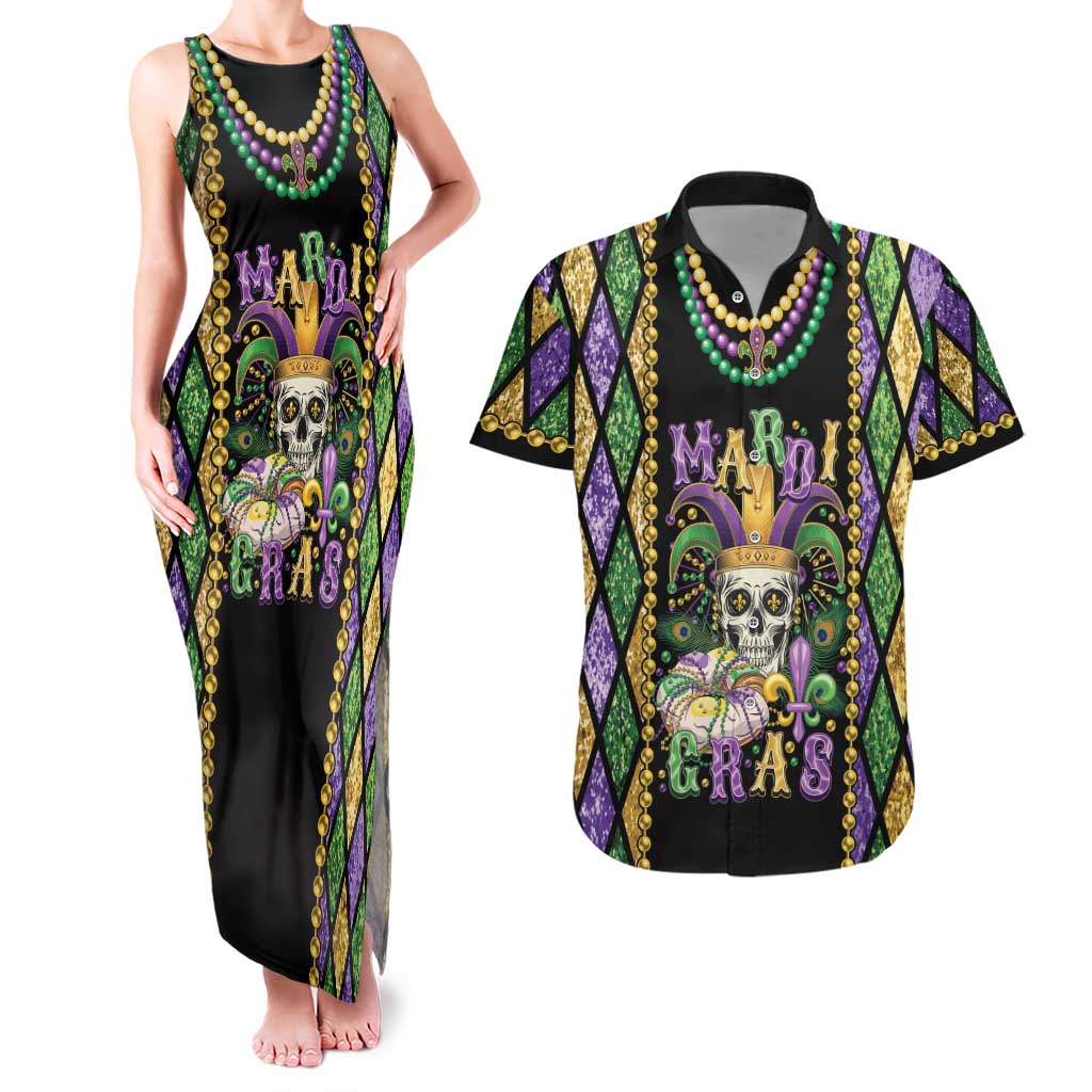 Mardi Gras Skull Couples Matching Tank Maxi Dress and Hawaiian Shirt Beads Fleur De Lis