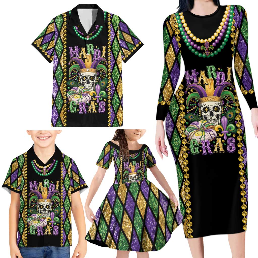 Mardi Gras Skull Family Matching Long Sleeve Bodycon Dress and Hawaiian Shirt Beads Fleur De Lis