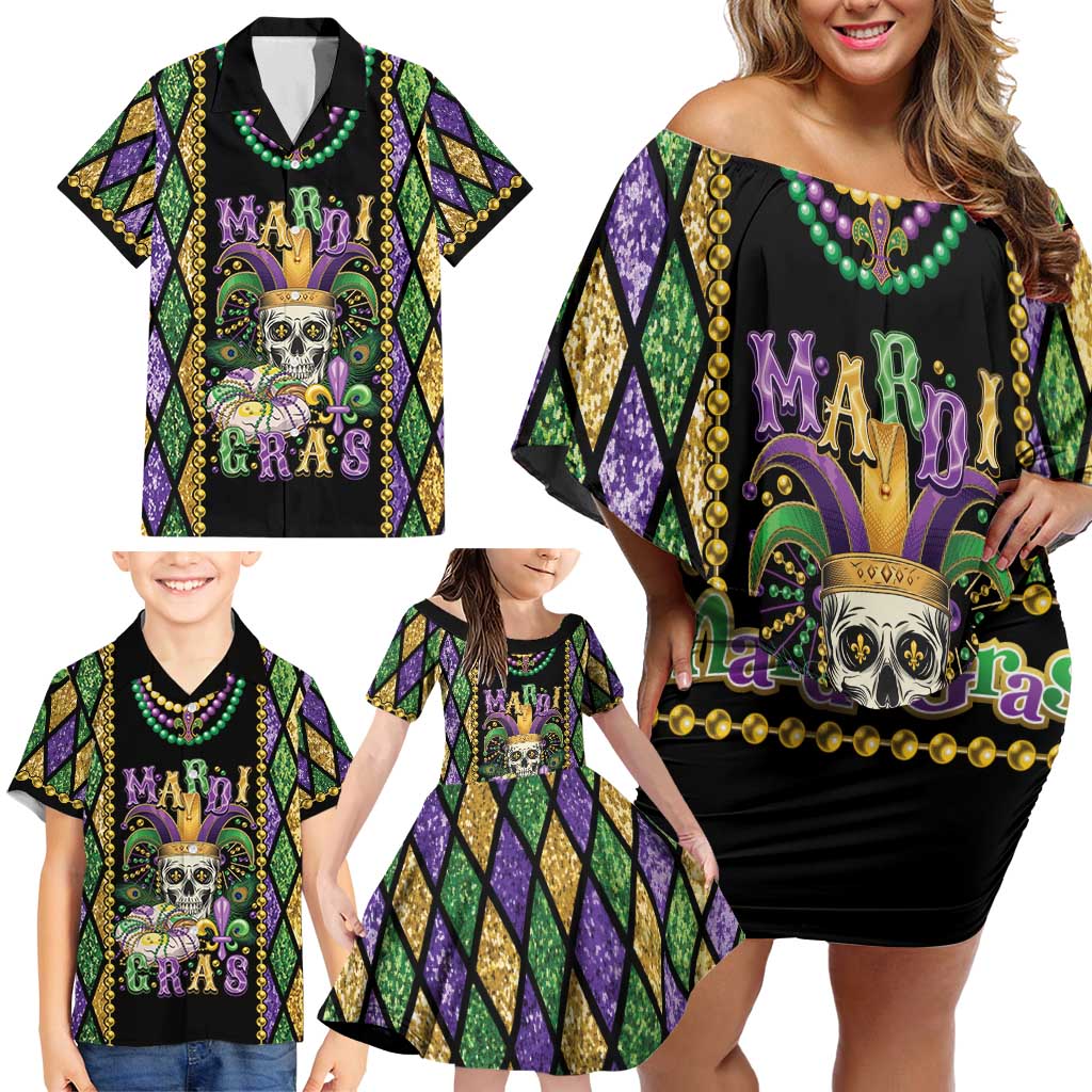 Mardi Gras Skull Family Matching Off Shoulder Short Dress and Hawaiian Shirt Beads Fleur De Lis