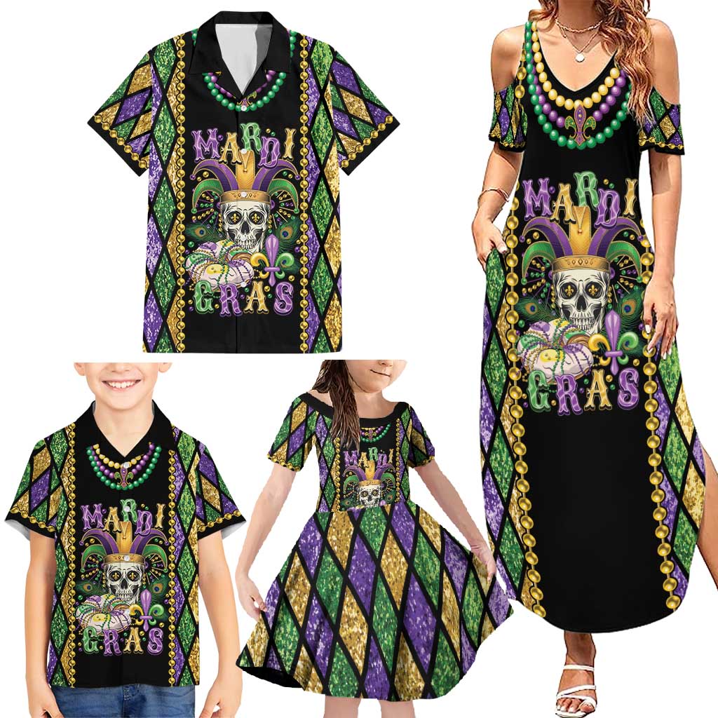 Mardi Gras Skull Family Matching Summer Maxi Dress and Hawaiian Shirt Beads Fleur De Lis