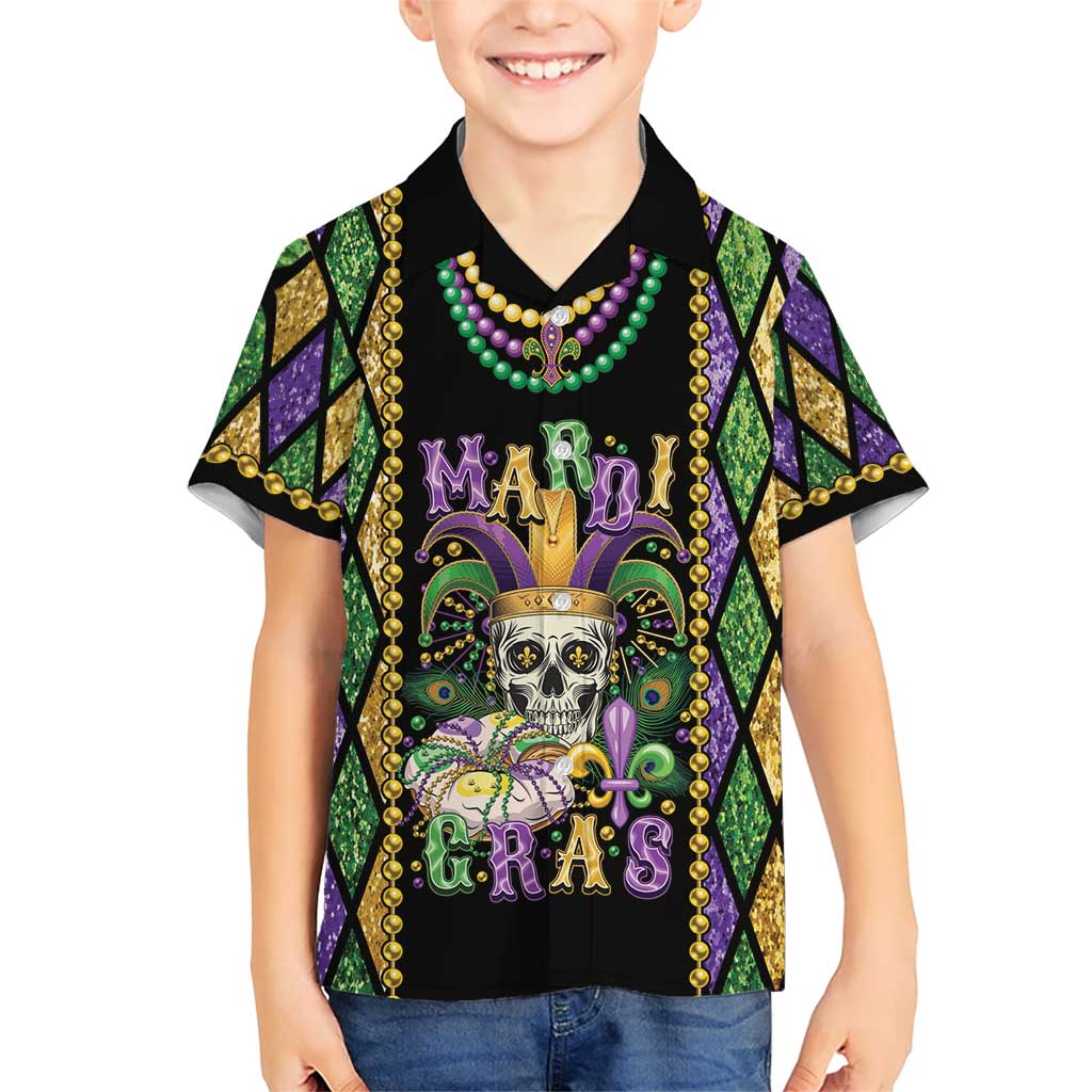 Mardi Gras Skull Kid Hawaiian Shirt Beads Fleur De Lis