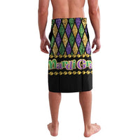 Beaded lavalava wrap skirt with diamond panels and gold bead trim, Mardi Gras print