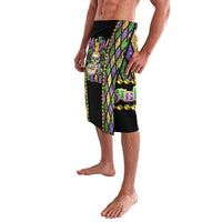 Beaded lavalava wrap skirt with side skull graphic, diamond pattern panels and gold trim