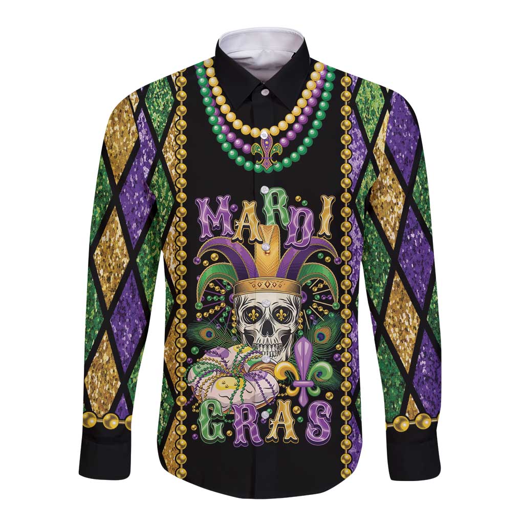 Long sleeve black button shirt with Mardi Gras beads and fleur de lis skull graphic