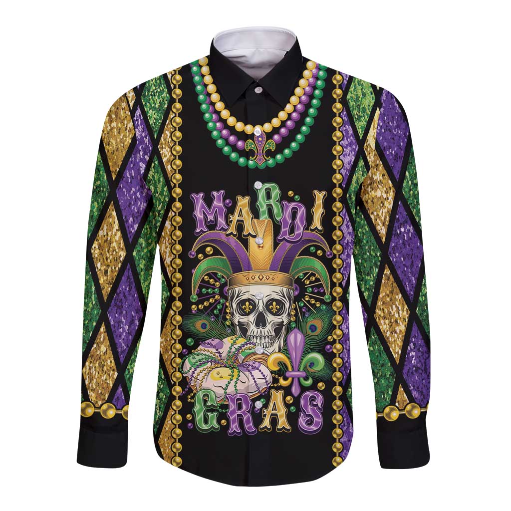 Mardi Gras Skull Long Sleeve Button Shirt Beads Fleur De Lis